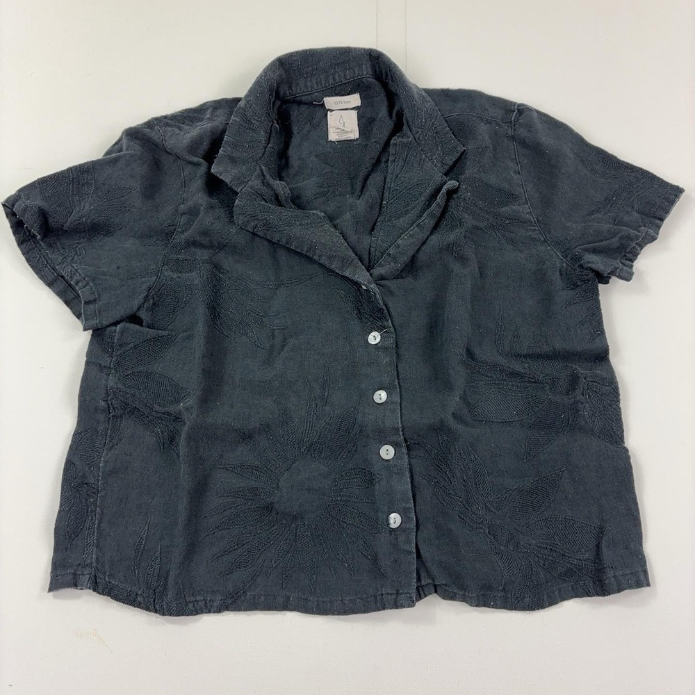 Joie Shirt Womens Medium Black Floral Collared Short Sleeve Linen Button-Up